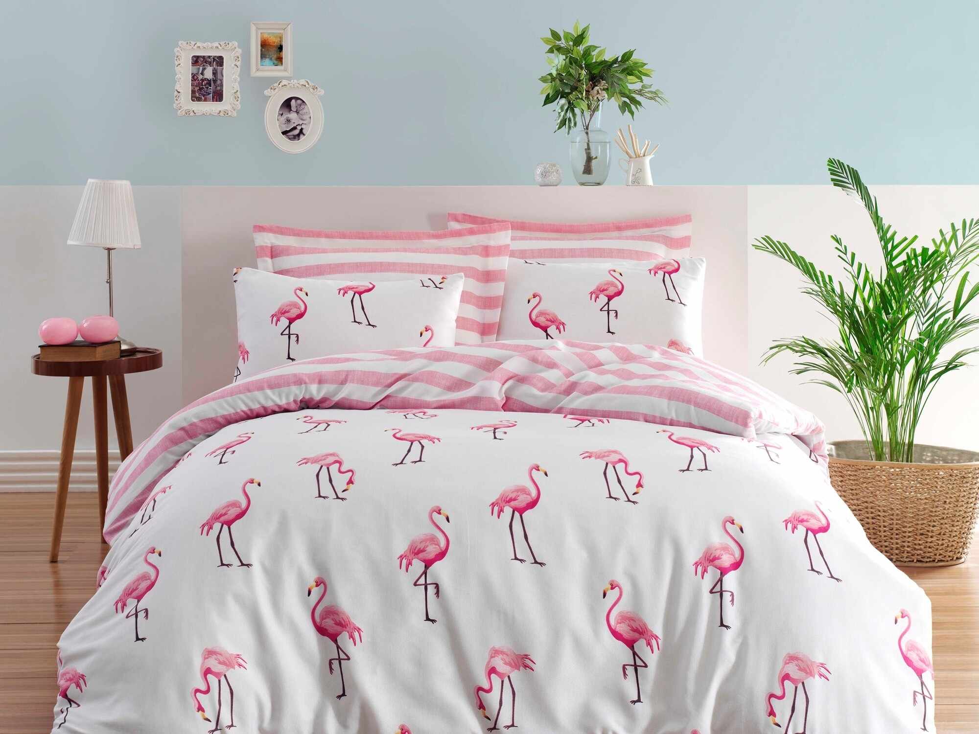 Lenjerie de pat Flamingo Alb / Roz, 200 x 220 cm