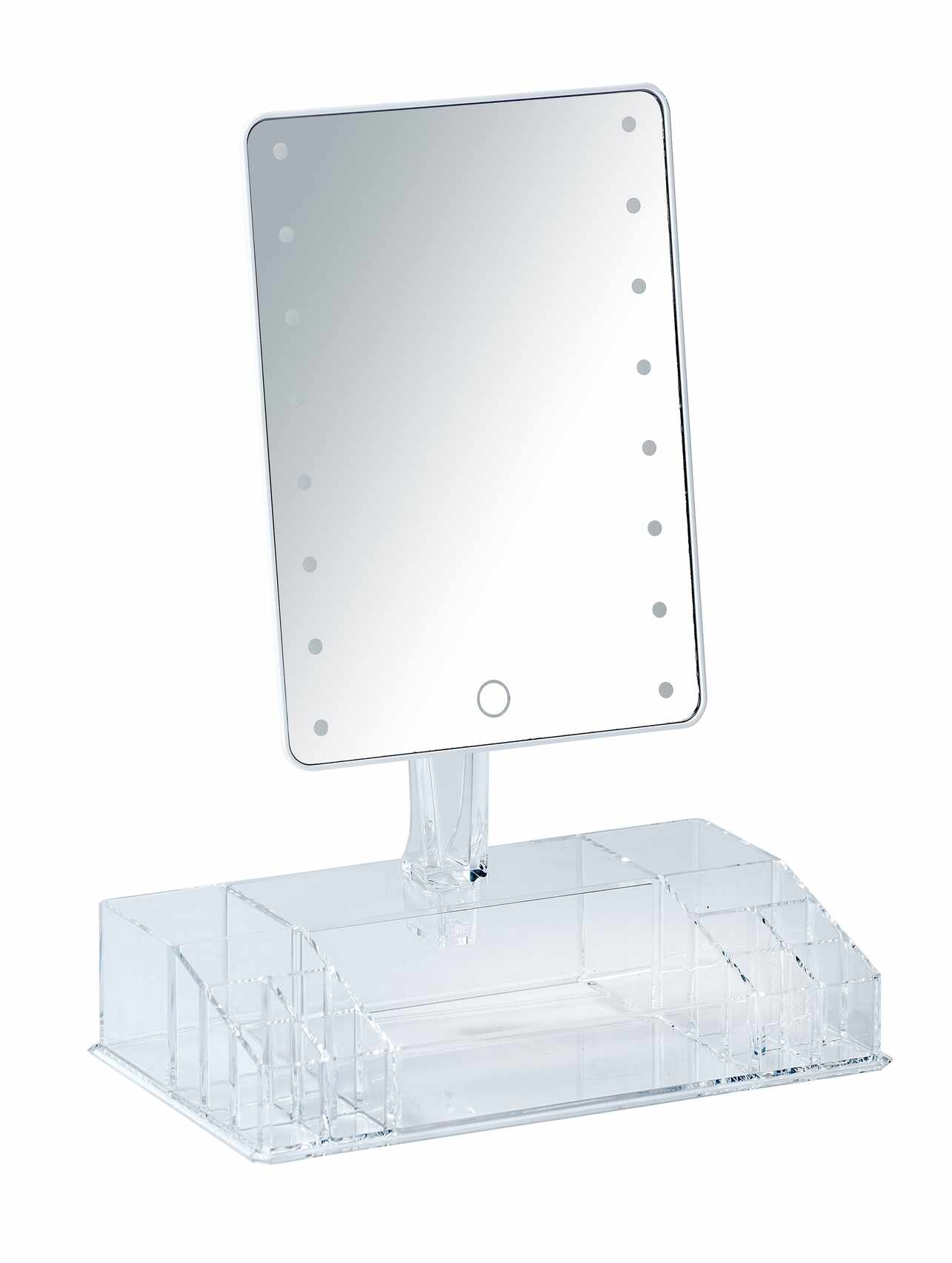 Oglinda cosmetica de masa, cu LED si organizator din plastic, Farnese Transparent, L27xl16xH36 cm