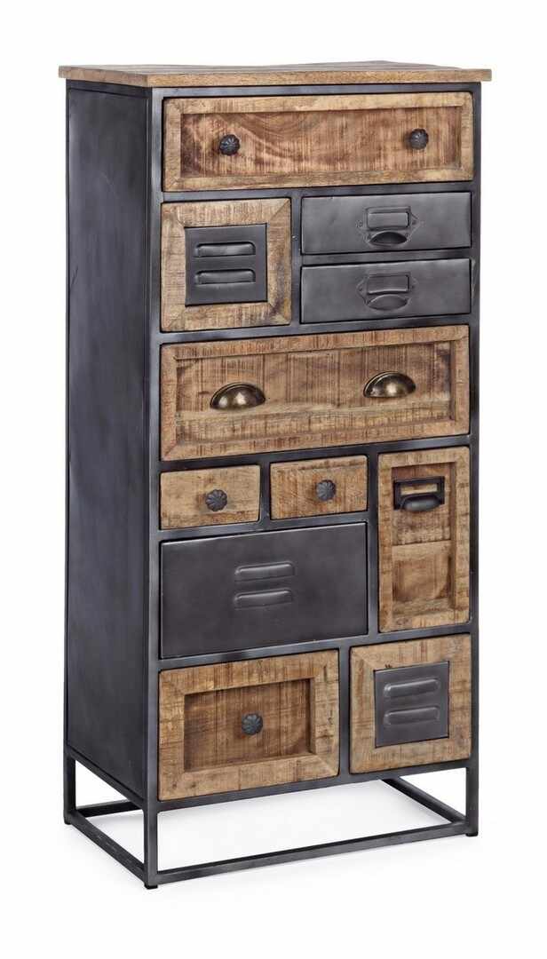 Cabinet din lemn de mango si metal, cu 11 sertare Rupert Grafit / Natural, l50xA34xH115 cm