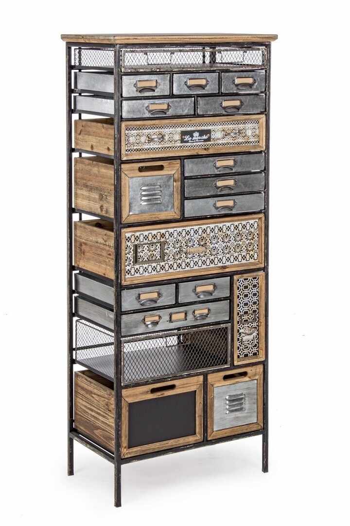 Cabinet din lemn de pin si metal, cu 19 sertare Officina Gri / Natural, l59xA33,5xH146 cm