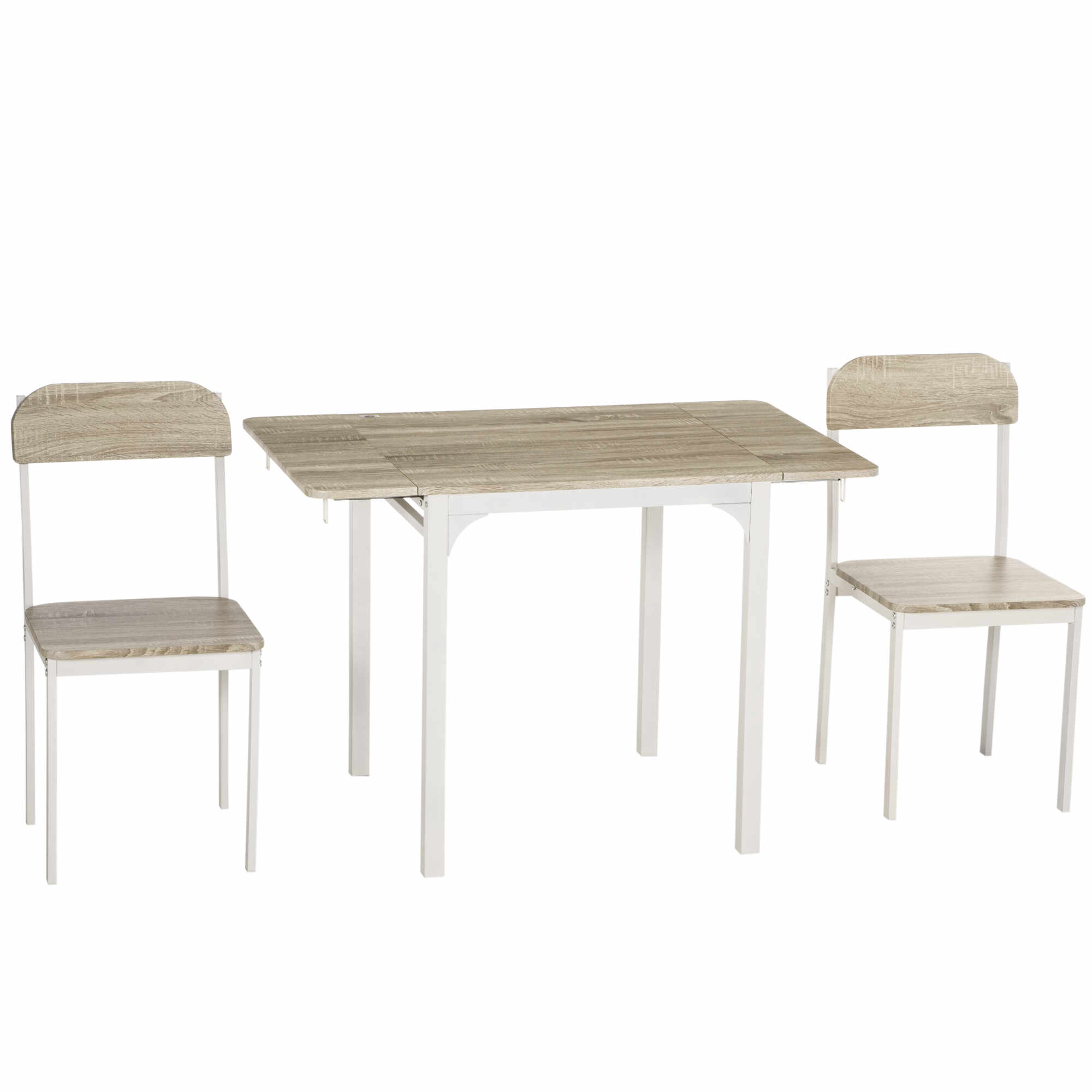 HOMCOM Set masa si 2 scaune pentru bucatarie pliabile din lemn si otel, culoare Lemn natural, alb
