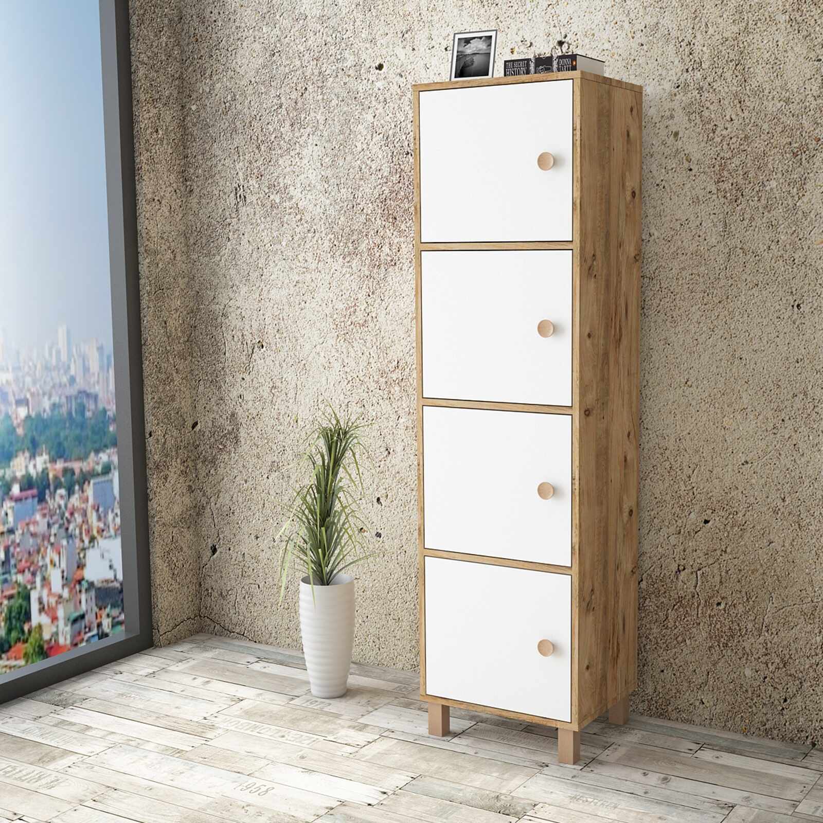Cabinet din pal si lemn, cu 4 usi Vilamo VL30-217 Alb / Natural, l49xA40xH179,4 cm