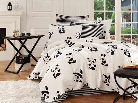 Set cuvertura de pat dubla, EnLora Home, Panda Black White, 4 piese, 100% bumbac, alb/negru