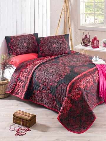 Set cuvertura de pat dubla matlasata, Eponj Home, Sehri Ala Red, 3 piese, 65% bumbac, 35% poliester, negru/rosu