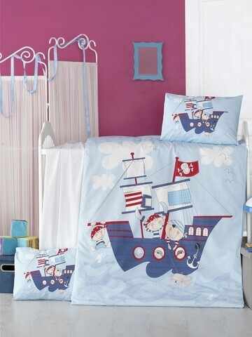 Lenjerie de pat pentru copii, Victoria, Ship, 4 piese, 100% bumbac ranforce, albastru