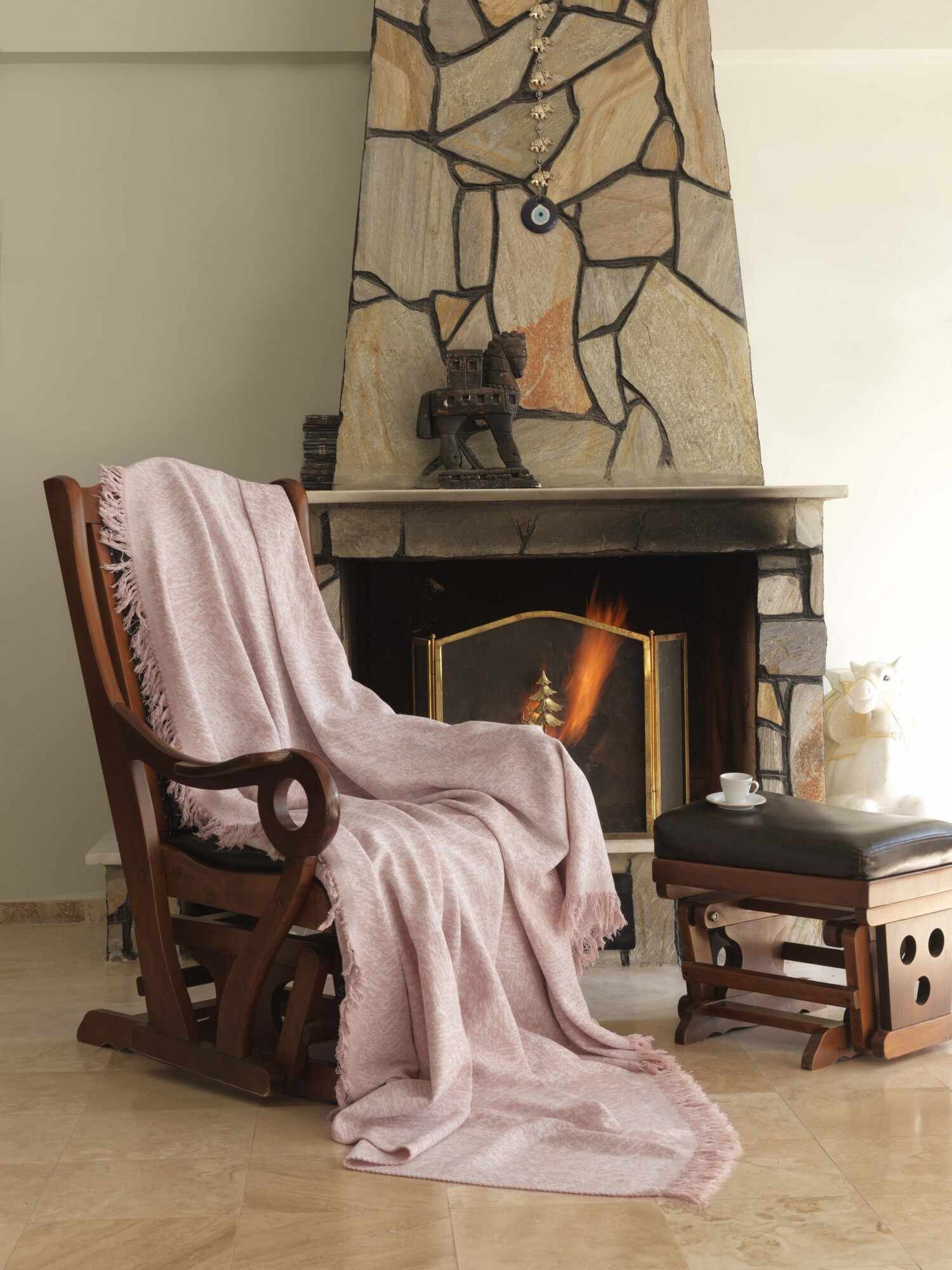 Cuvertura canapea din bumbac, Linen Roz / Alb, 170 x 220 cm 