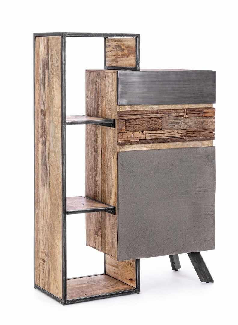 Cabinet din lemn de mago si metal, cu 2 sertare si 1 usa Manchester Gri / Natural, l90xA40xH140 cm
