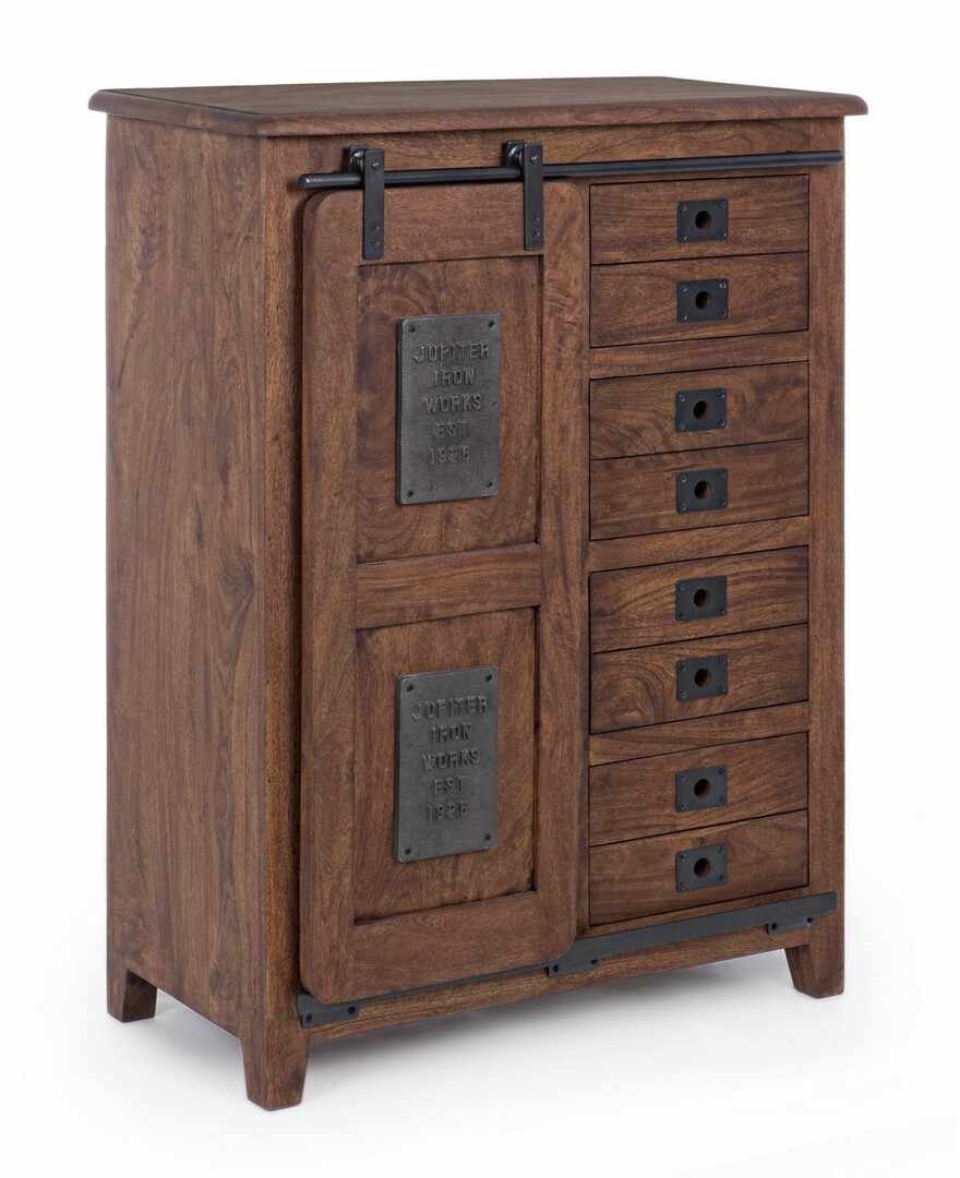Cabinet din lemn de mango si metal, cu 4 sertare si 1 usa Jupiter High Nuc / Negru, l89xA43xH119 cm