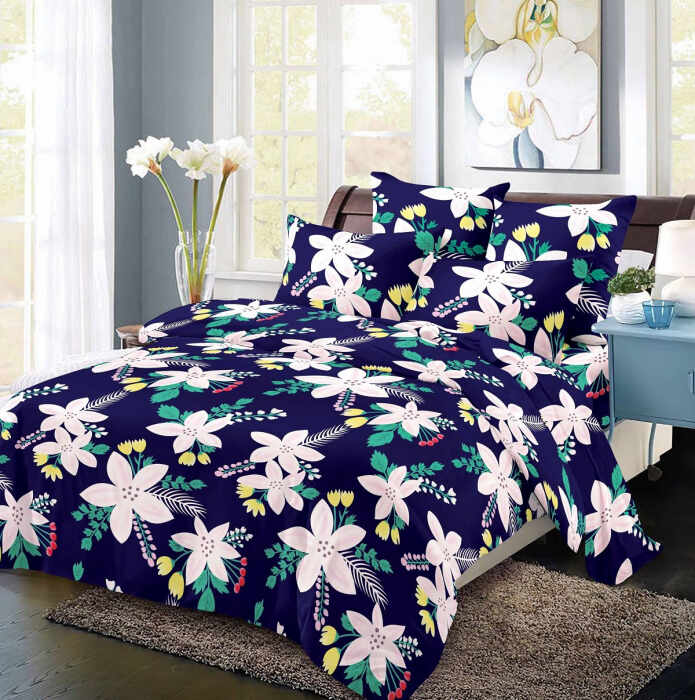 Lenjerie de pat cu 6 piese F060, material finet, Bleu-marin Motive florale
