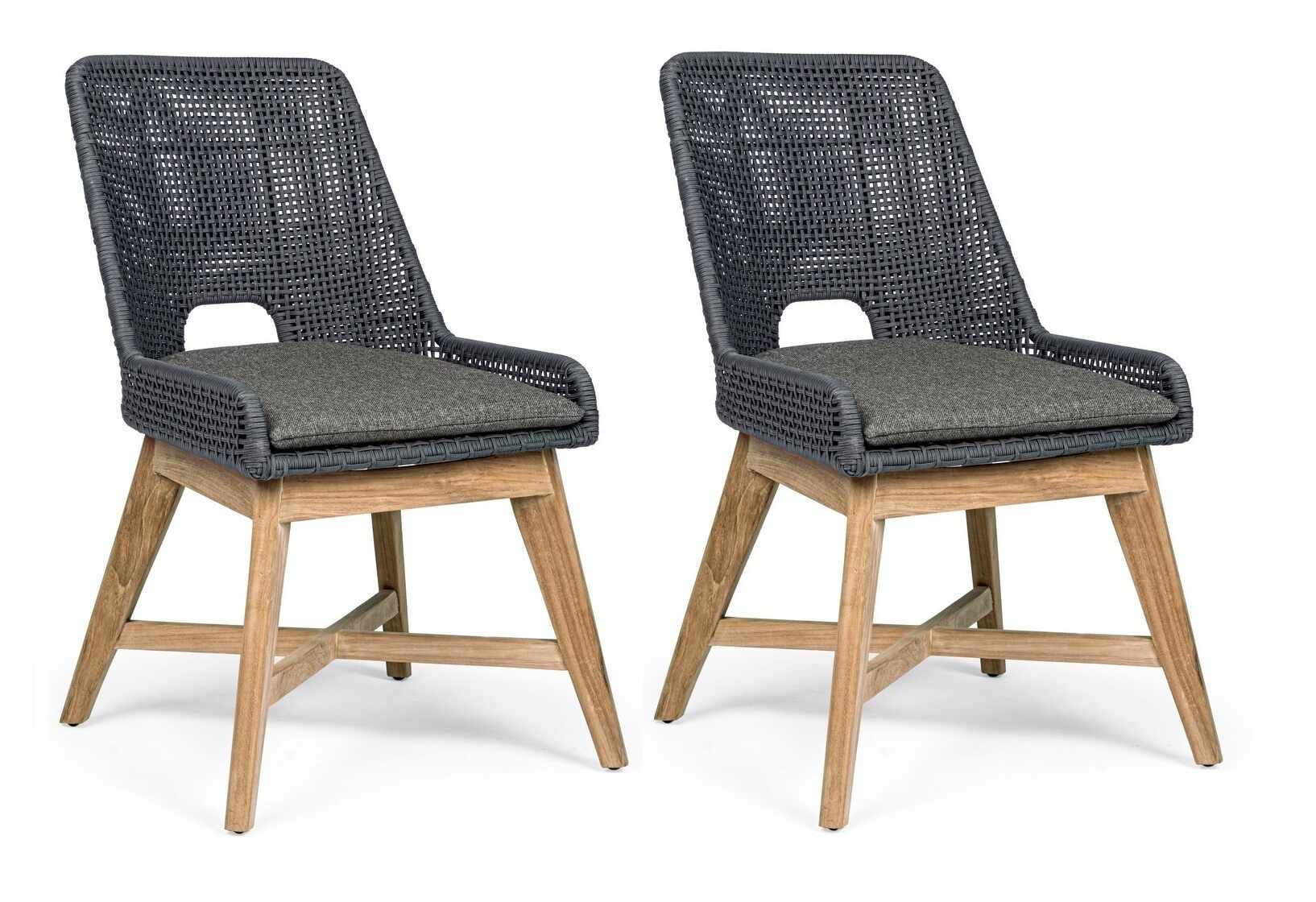 Set 2 scaune de terasa din metal si lemn de tec, Hesperia Gri / Natural, l50xA68xH86 cm