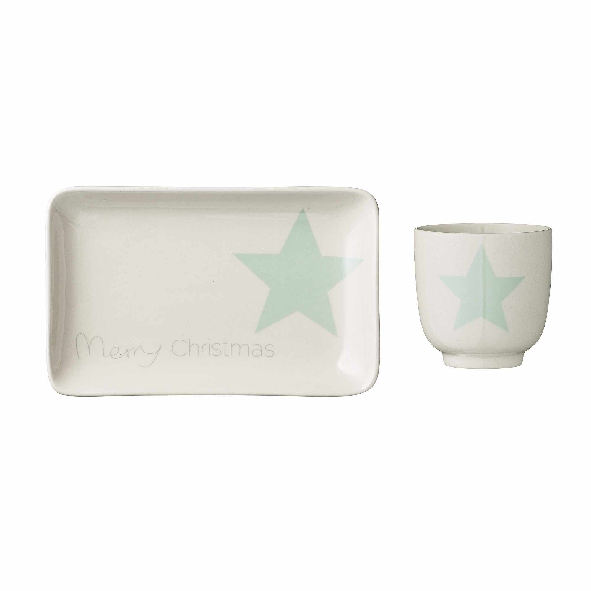 Set ceasca cu farfurioara din ceramica, Star Merry Christmas Alb / Mint, L19xl12 cm / Ø7xH7 cm