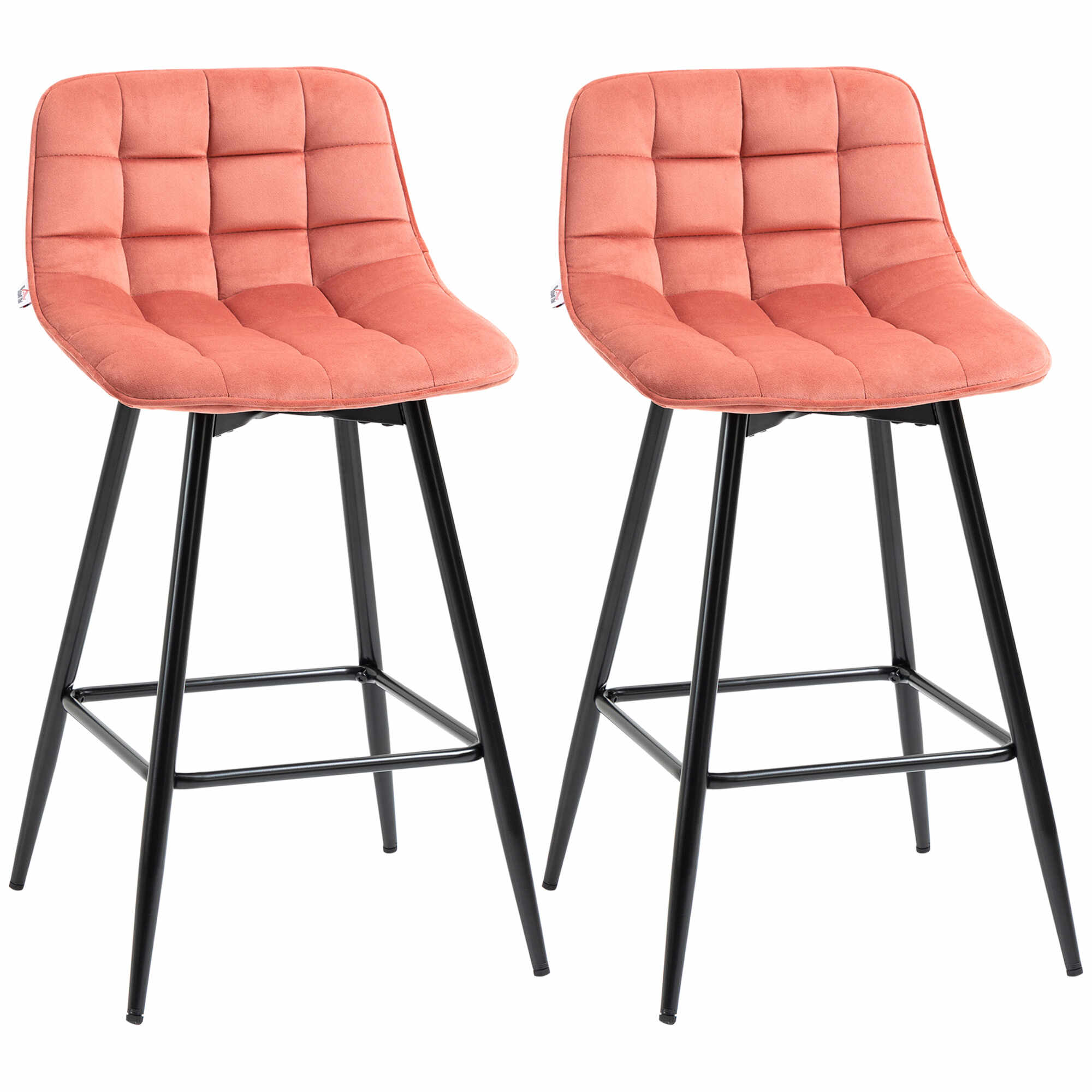 HOMCOM Set de 2 scaune de bar cu spatar si suport pentru picioare, scaune inalte tapitate in stil nordic din metal si catifea, rosu, 45x47x88cm