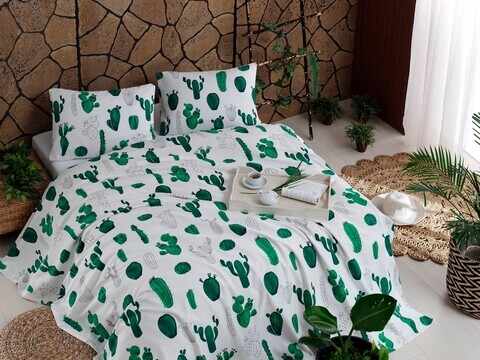 Set cuvertura de pat dubla, EnLora Home, Kaktus Green, 4 piese, 100% bumbac, alb/verde