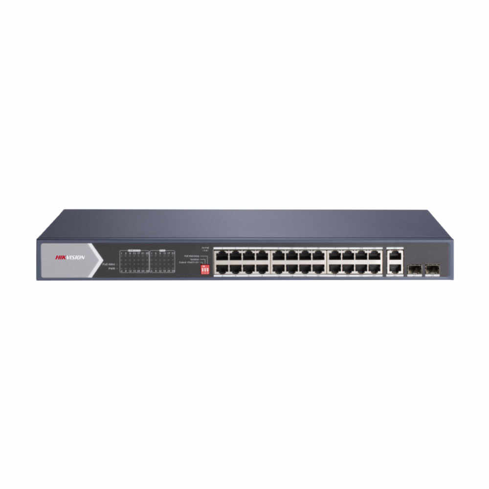 Switch cu 24 porturi Gigabit Hikvision DS-3E0528HP-E, 2 porturi fibra optica, 56 Gbps, 41.664 Mpps, 8000 MAC, PoE, fara management