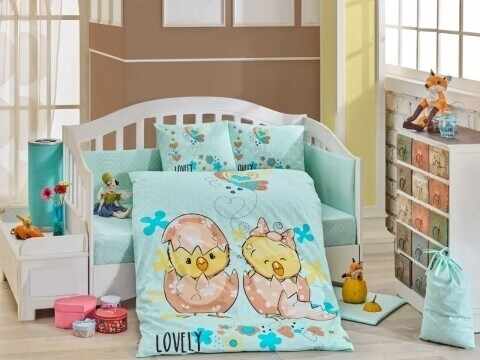 Lenjerie de pat pentru copii Lovely Mint, Hobby, 4 piese, 100 x 150 cm, 100% bumbac poplin, multicolora