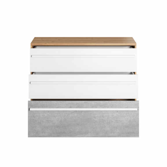 Comoda 3Sertare Piano, Stejar Nash&Alb&Beton, 110 × 88 × 41 Cm