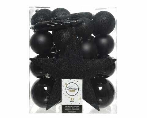 Cutie cu 33 globuri asortate si varf de brad Star Black, Decoris, plastic, negru
