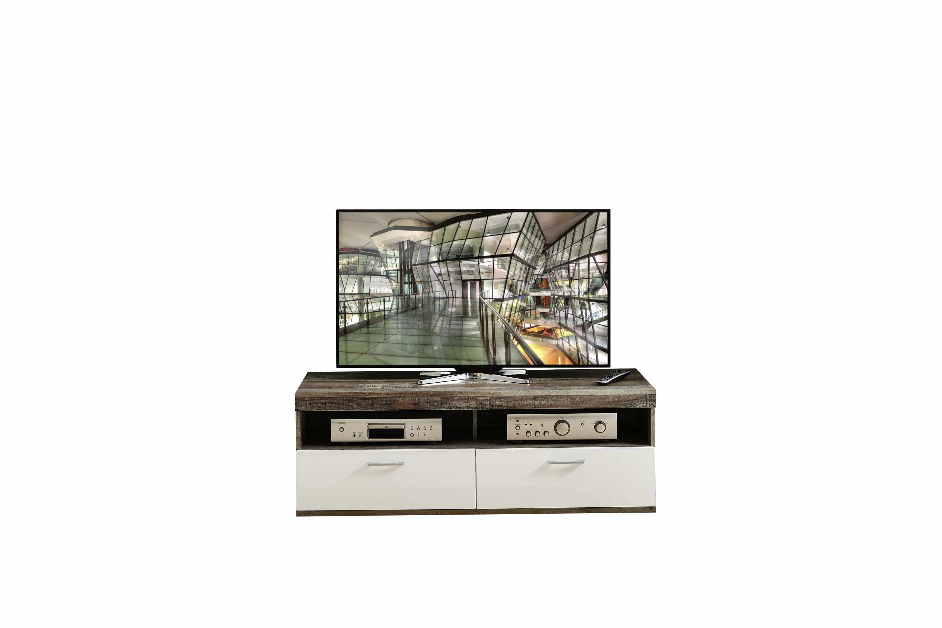 Comoda TV din pal si MDF, cu 1 sertar si 1 usa Krone Small Alb / Natur, l140xA48xH50 cm