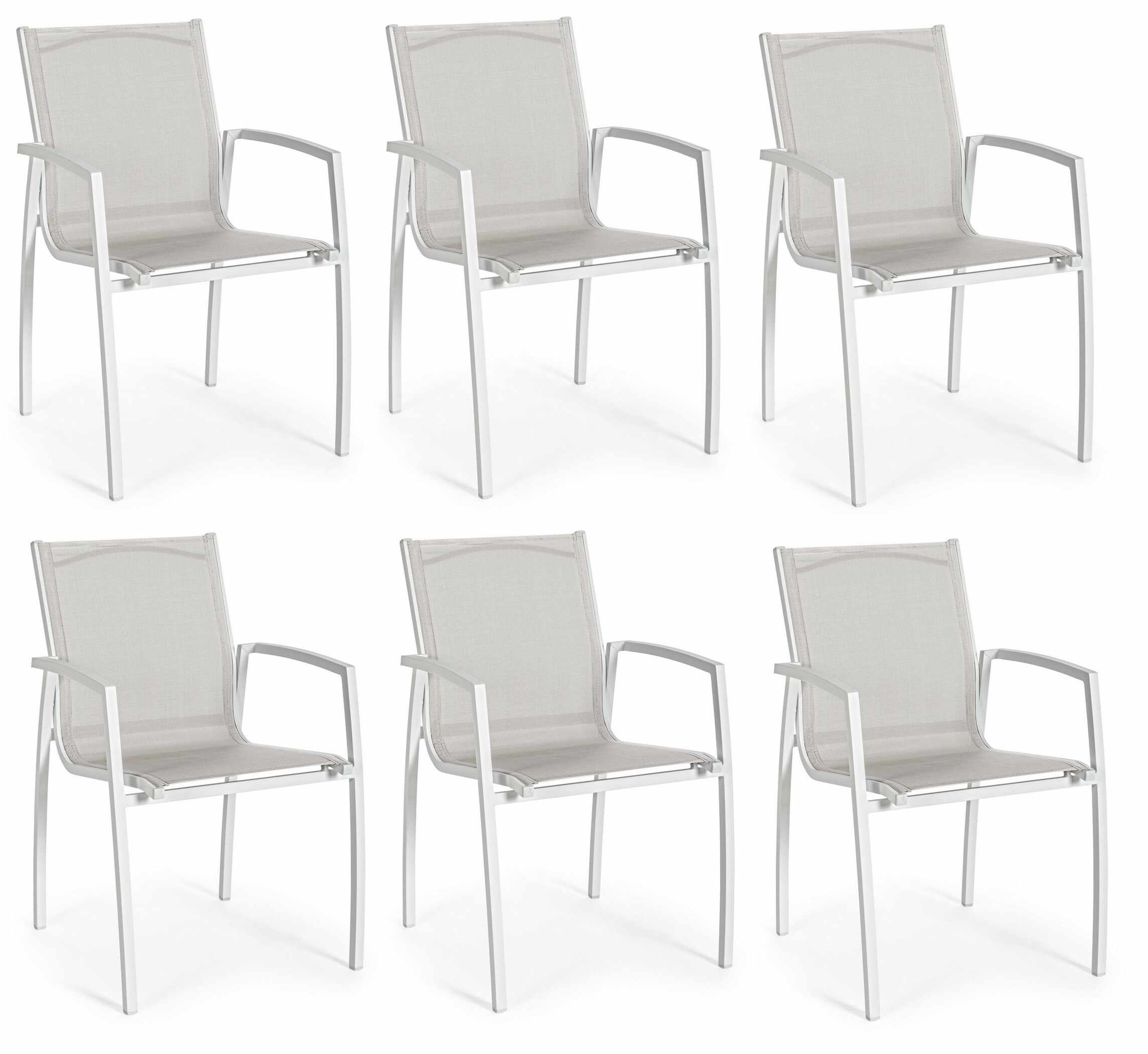 Set 6 scaune de gradina / terasa din metal si material textil, Hilla Gri / Alb, l56,5xA61xH87 cm