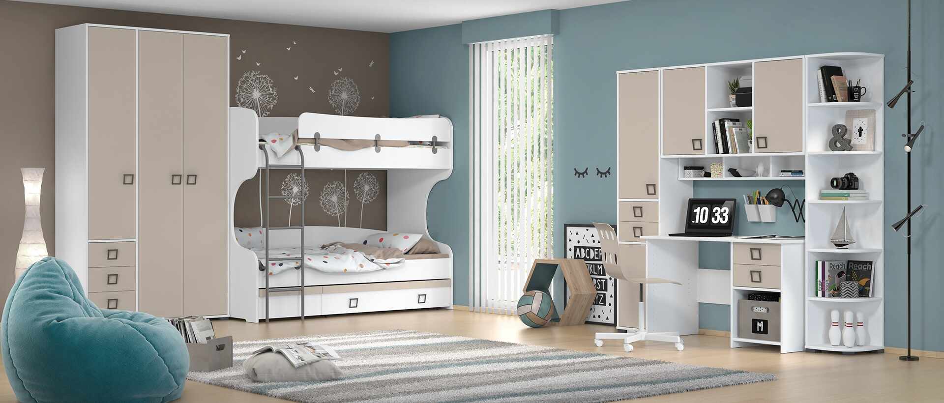 Set Mobila dormitor din pal, pentru copii, 7 piese, Kiki Alb / Nude, 200 x 90 cm