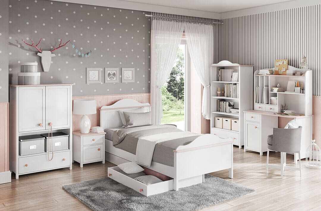 Set Mobila dormitor din pal, pentru copii, 8 piese, Luna Alb / Roz, 200 x 90 cm
