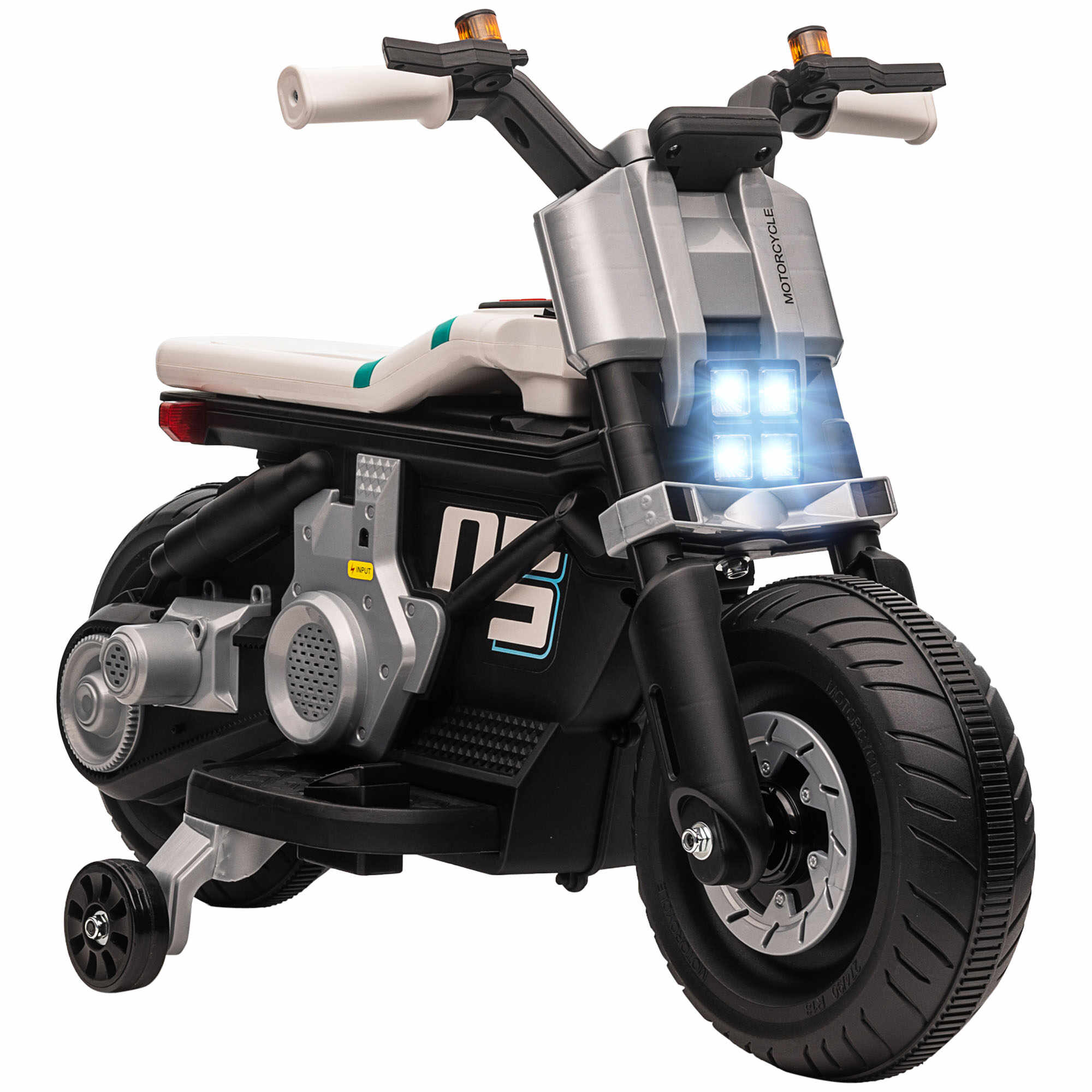 HOMCOM Motocicleta electrica cu roti de antrenament, jucarie in aer liber pentru 3-5 ani - alb | AOSOM RO