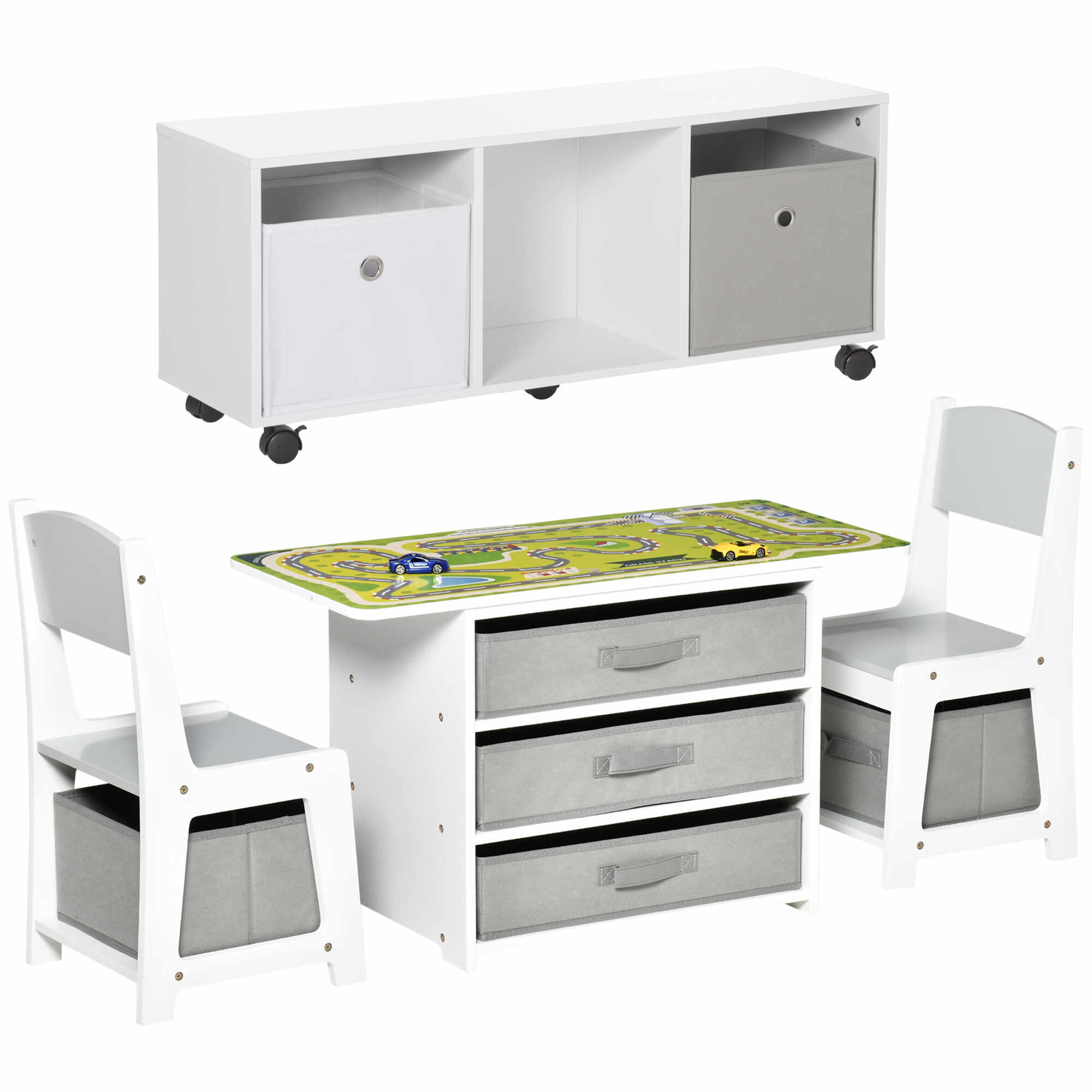 HOMCOM Set masa si 2 scaune pentru copii cu dulap de jucarii, cadru MDF si sertare din material netesut, alb si gri