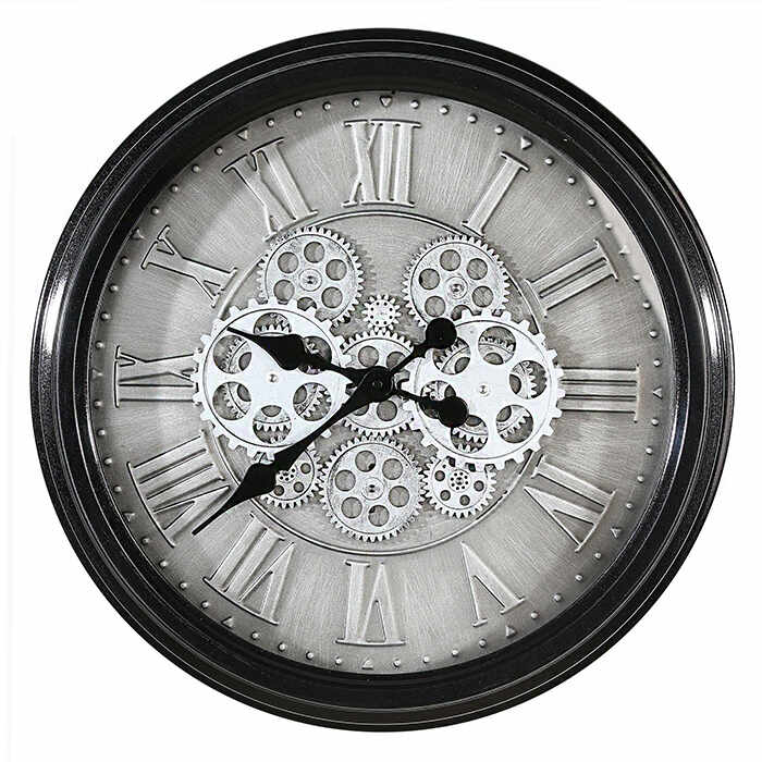 Ceas de perete Factona, metalic sticla, argintiu negru, diametru 53cm