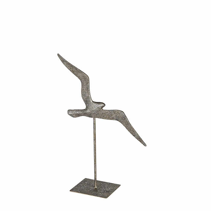 Decoratiune Flying Bird, rasina metal, argintiu antichizat, inaltime 32.5 cm