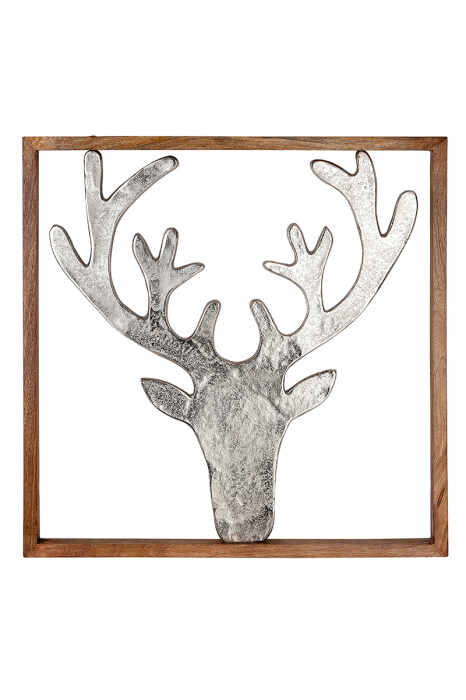 Decoratiune perete Deer, aluminiu lemn, argintiu maro, 60x2,5x60 cm