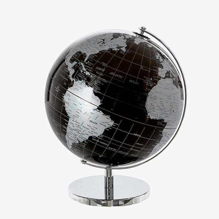 Glob World negru argintiu, baza metal, 33 cm