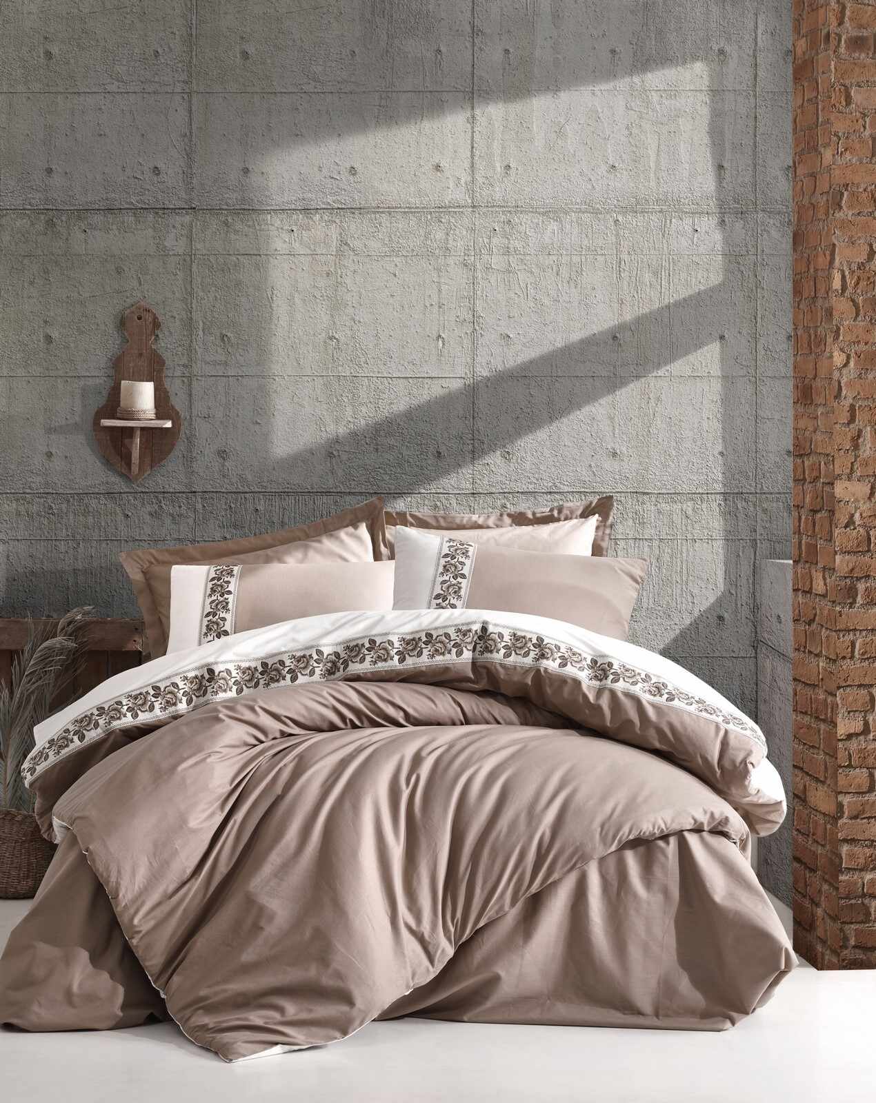 Lenjerie de pat din bumbac Ranforce, Rosinda Bej / Crem, 200 x 220 cm