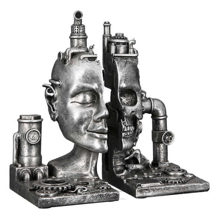 Set 2 suporturi carti Steampunk Skull,rasina, argintiu, 23x14x10 cm