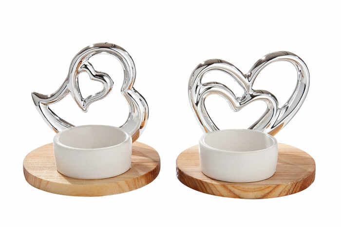 Set 2 suporturi lumanare Heart Frame, portelan lemn, alb argintiu, 8,5x9,9 cm