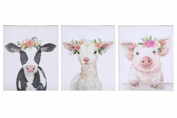 Set 3 tablouri Cow, Lamb, Pig, panza, multicolor, 25x30 cm