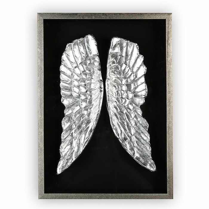 Tablou Wings, lemn sticla fibra de sticla, negru argintiu, 70x50x7 cm