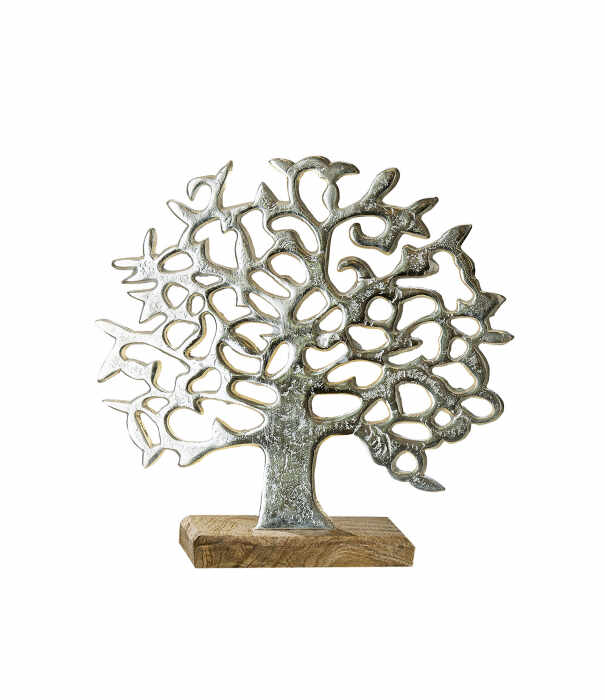 Decoratiune copac, aluminiu lemn, argintiu maro, 38x37x8 cm