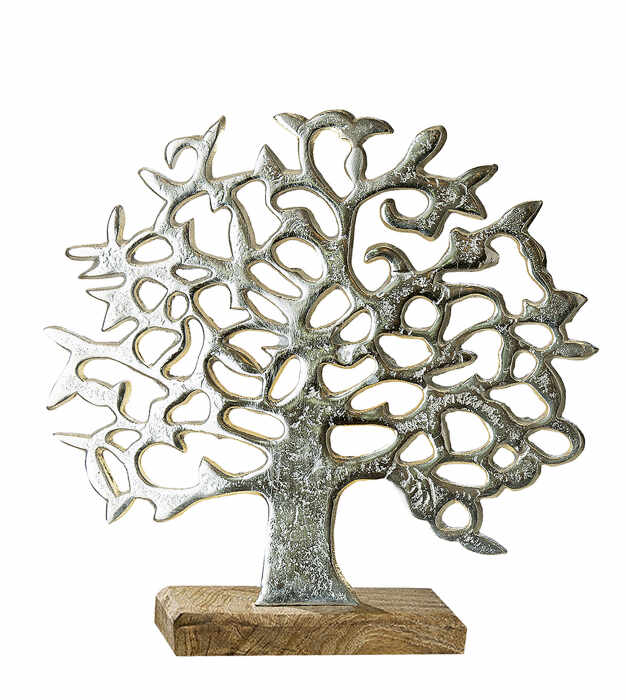 Decoratiune copac, aluminiu lemn, argintiu maro, 49x46x8 cm