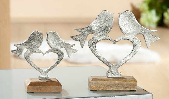 Decoratiune Couple of Bird on Heart, aluminiu lemn, argintiu maro, 19.5x17 cm