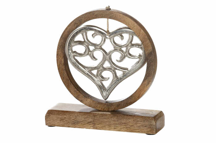 Decoratiune Heart, aluminiu lemn, argintiu maro, 18x19x5 cm