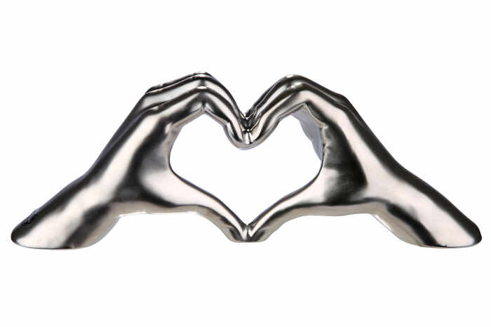 Decoratiune maini inima, ceramica, argintiu, 31x7x11 cm