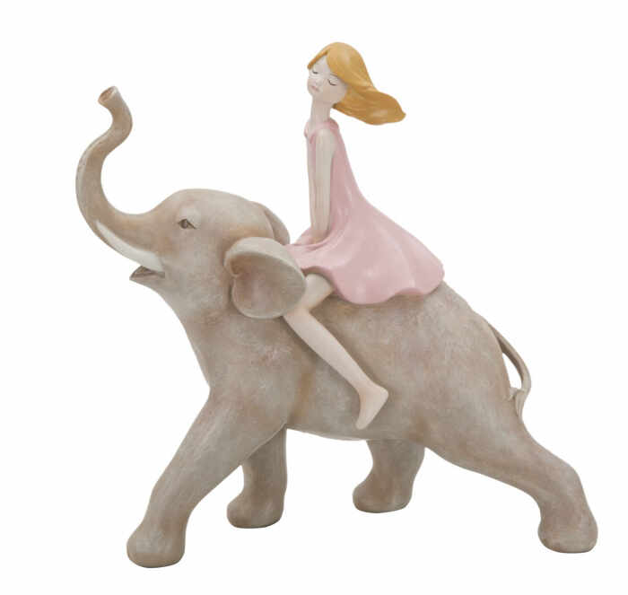 Figurina fata pe elefant, rasina, roz, 22X10X21 cm