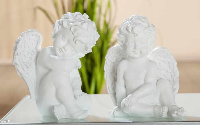 Set 2 figurine Angel sitting, rasina, alb, 13x17.5 cm