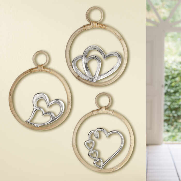Set 3 decoratiuni de perete Hearts, aluminiu lemn, argintiu maro, 24x30x1.5 cm