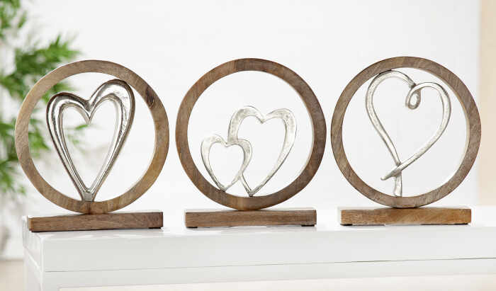 Set 3 decoratiuni Hearts, aluminiu lemn, argintiu maro, 20.5x26x5 cm