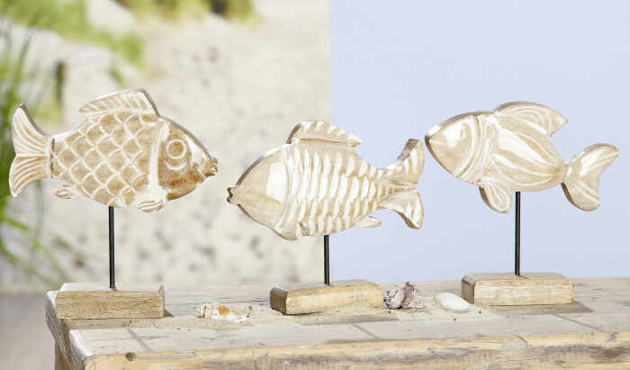 Set 3 figurine Fish on Stick, lemn, maro, 19x19x5 cm