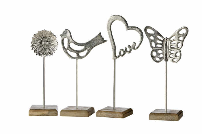 Set 4 decoratiuni Bird,Flower, Butterfly,Heart, aluminiu lemn, argintiu maro, 10x36x10 cm