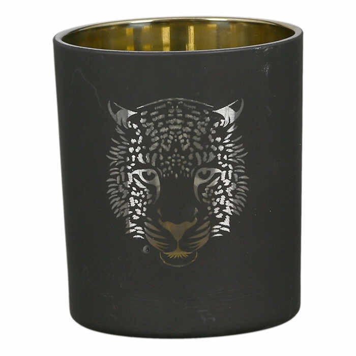 Suport lumanare Tiger, sticla, negru auriu, 10x9 cm