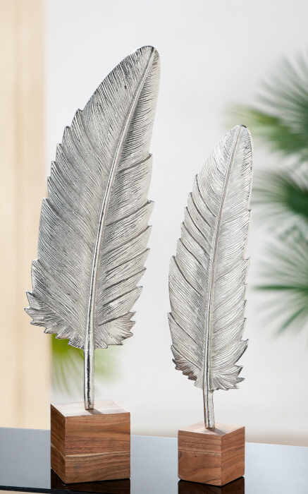 Decoratiune Feather, aluminiu lemn, argintiu maro, 14x53x7.5 cm