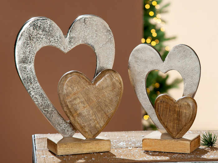 Decoratiune inimi, aluminiu lemn, argintiu maro, 16x23x7.5 cm